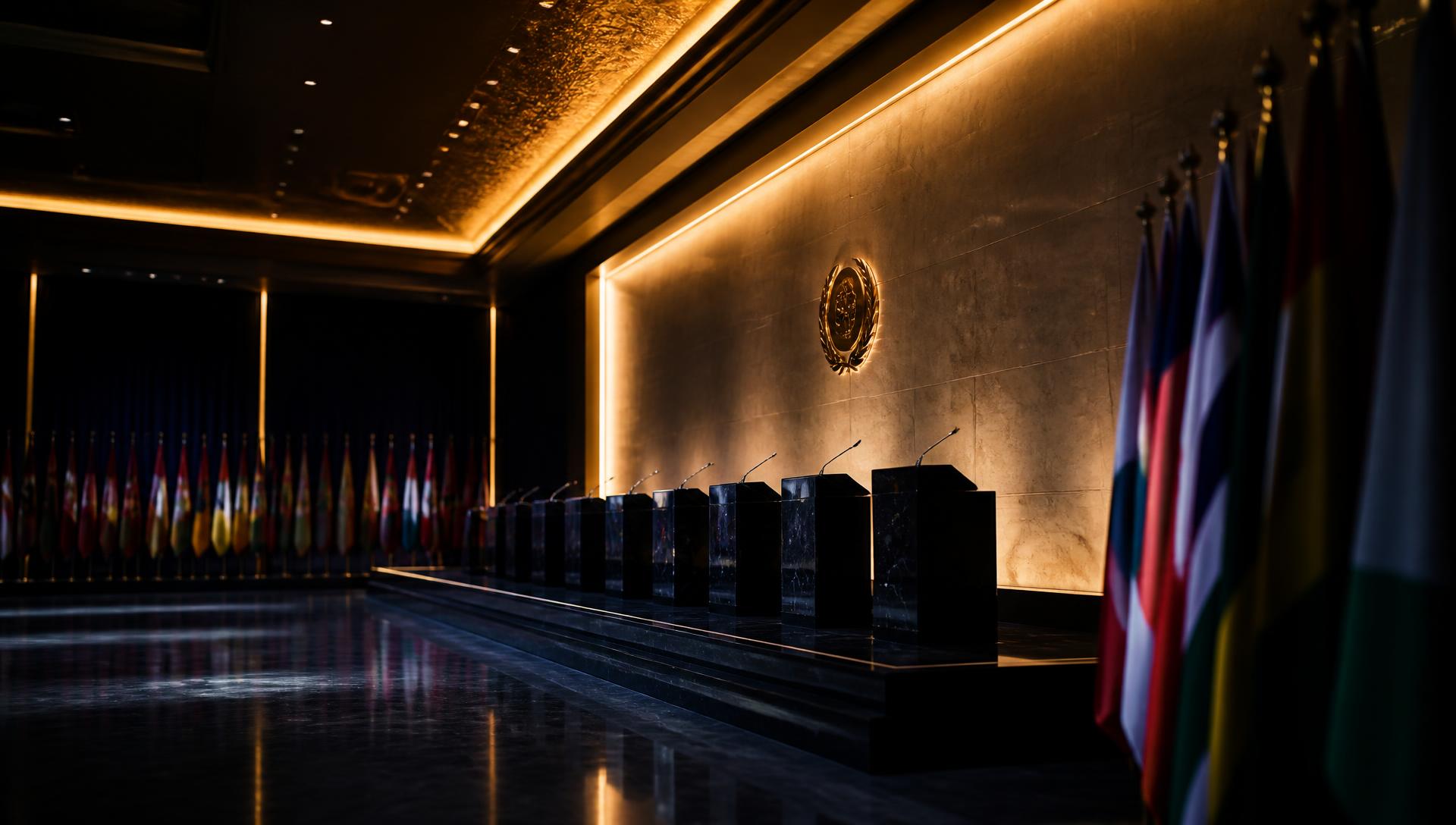 Empty international summit chamber lit in gold