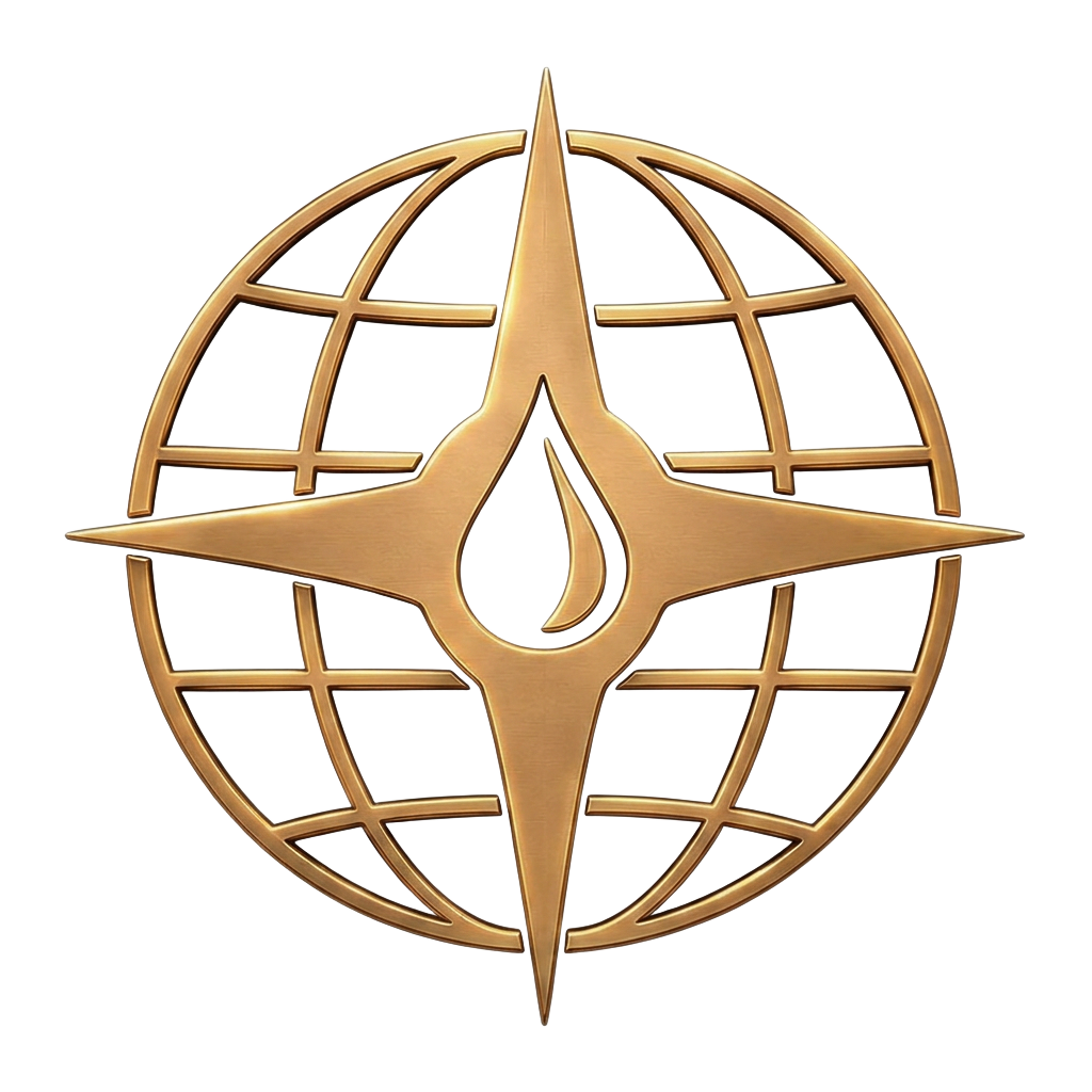 SIOF emblem: compass star with oil droplet inside a laurel-framed globe